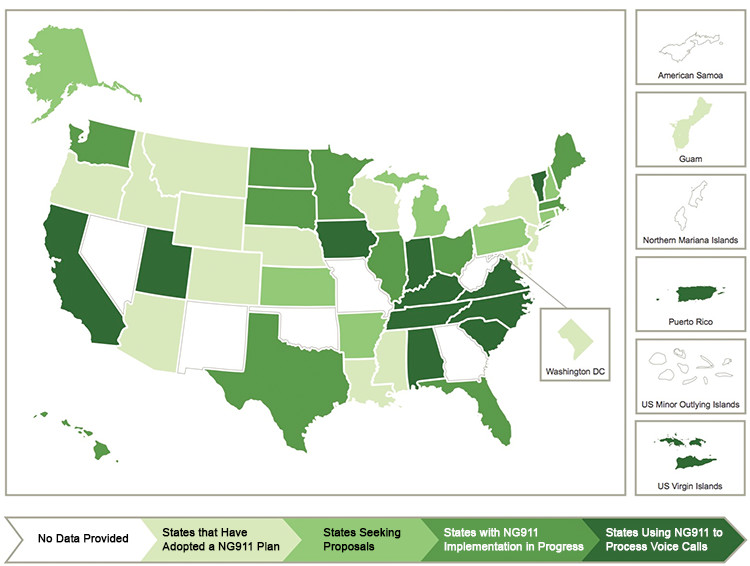 Map of United States of America showing state progress with NG911 implementation